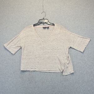 Tahari 100% Linen Top Womens Small Light Gray Short Sleeve V Neck Boxy